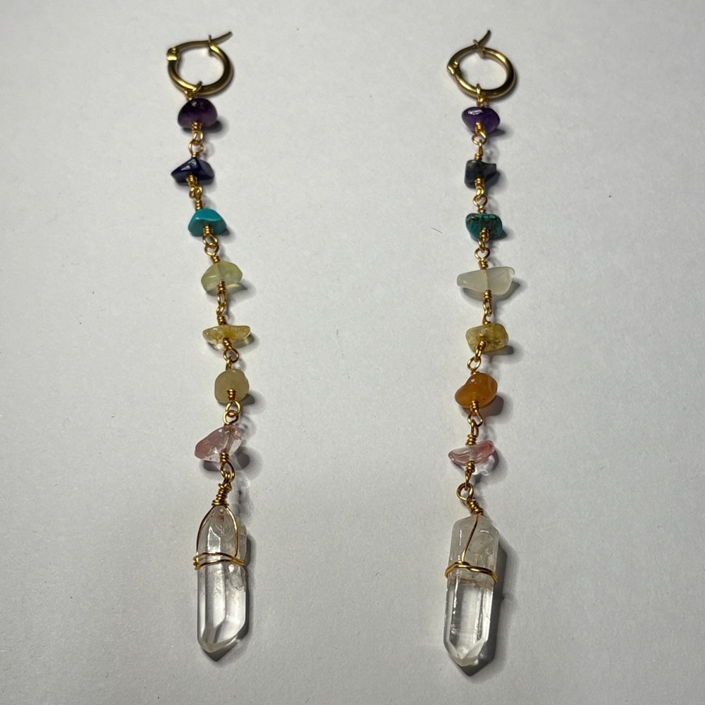 Gold Chakra Crystal Earrings with Clear Quartz Points